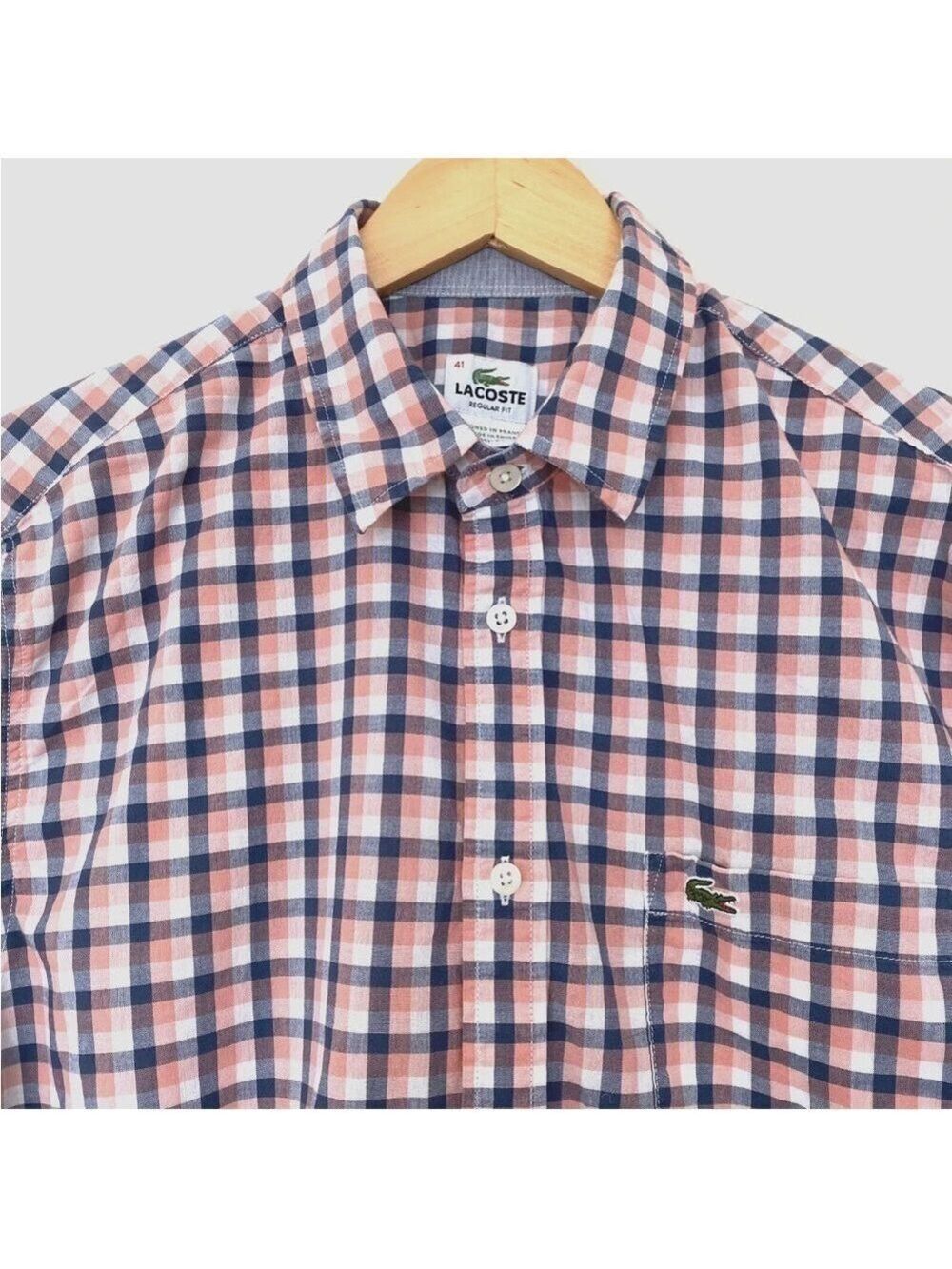 Lacoste Regular Fit Long Sleeve Lightweight Button Shirt Gingham Sz 41 (M-L)